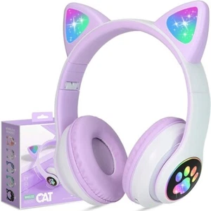 Kids Wireless Headphones Cat Ear LED Light Up Bluetooth Foldable Headphones - Picture 1 of 6