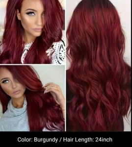 Ombre Burgundy Dark Brown Synthetic Wig Long Wavy Hair 24 in Women  - Picture 1 of 3