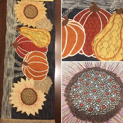 Nicole Miller Beaded Pumpkin Table Runner Sunflower Fall Thanksgiving 14x36 NEW - Image 1 of 4
