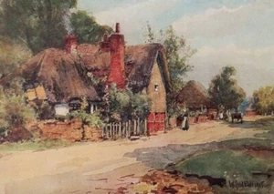Antiker Druck von 1906 Reetdachhaus mit Dame auf der Straße, Long Wittenham, Oxon. - Bild 1 von 3
