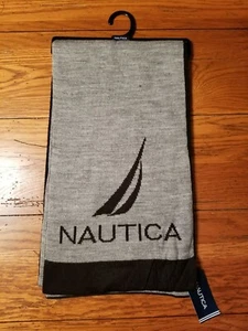 NWT Mens Nautica Scarf Gray Black Logo OS - Picture 1 of 12