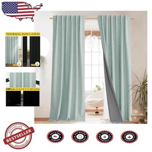 Resilient Seafoam Green 2-Piece Blackout Linen Drapes - Rich Texture, 84" Length - Picture 1 of 11
