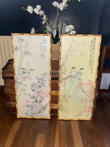 Large Vintage Pair Bamboo Frame Pictures Oriental Chinese Birds Lotus Retro Oka - Picture 1 of 12