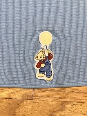VTG Blue Jean Teddy Bear w/ Balloon Thermal Waffle Weave Baby Blanket - Image 1 of 4