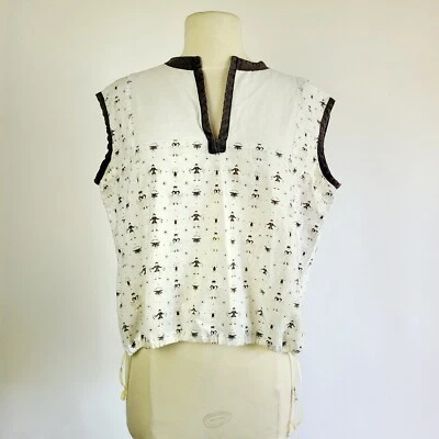 Blusa túnica vintage década de 1940 tingida com personagens temáticos vitorianos algodão GG - Imagem 1 de 4