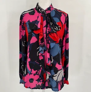 Tory Burch Blouse Womens Size 8 Bold Floral Print 100% Silk Ruffle Front Artsy - Picture 1 of 20
