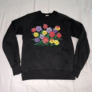 Vintage 90s Morning Sun Whitton Jerzees Sweatshirt Flower Black Made In USA sz M - Picture 1 of 7