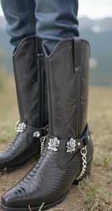 Women Men Black Faux Leather Shoe Rose Flower Boot Chain Straps 2PCS Motorcycle - Picture 1 of 24