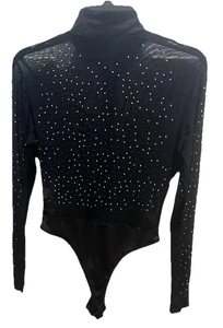 Size Large Long Sleeve Black Sheer Leotard Unitard Sequins Club Wear Snap Crotch - Picture 1 of 10