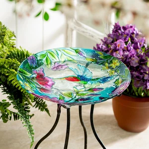 Pollinator Garden Birdbath, Glass Hummingbird, 18" - Picture 1 of 3
