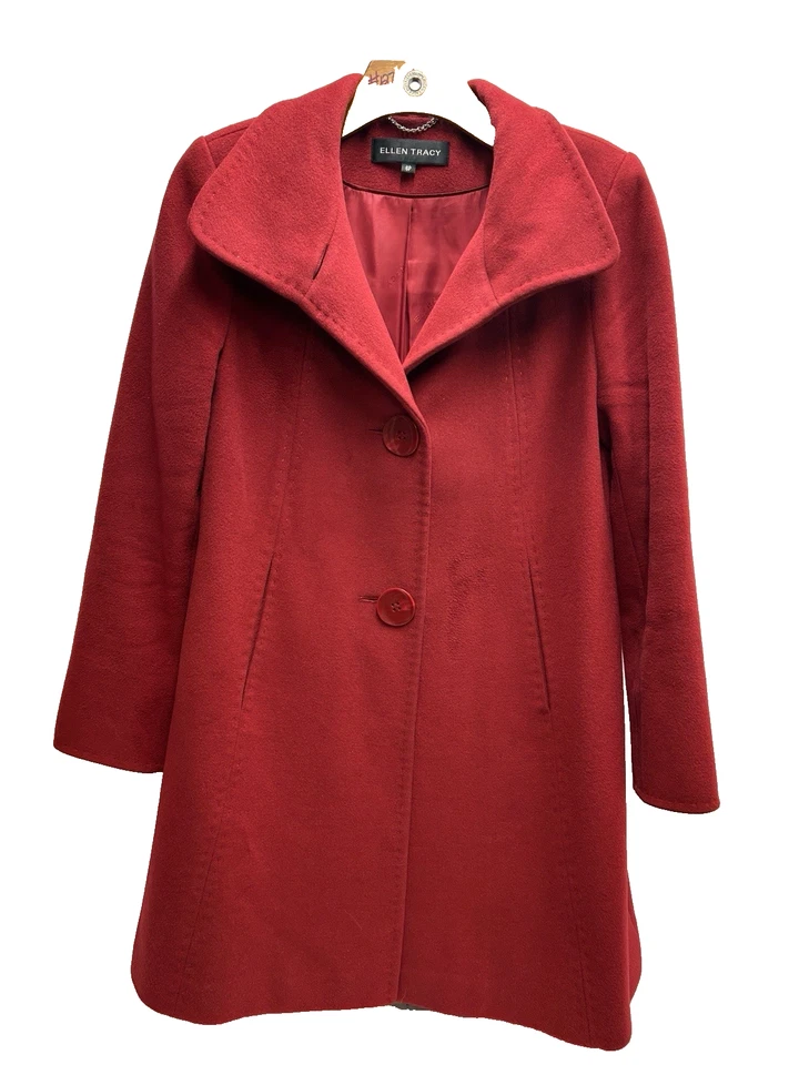 Abrigo para mujer Ellen Tracy Petites 6P lana angora rojo guisante 3 botones bolsillos forrado Foto 1 de 4