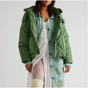 FREE PEOPLE Green Emmy Swing Puffer Jacket Diamond Quilted Hooded Full Zip Sz XL - Picture 1 of 17