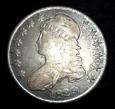 Moneda de medio dólar 50c busto tapado US 1829 PLATA ~ Detalles nítidos, buen tono Foto 1 de 4