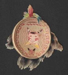 c1880's American Indian Scrap Die-Cut Card - Decorated Drum w/Painted Cat Face - Picture 1 of 2