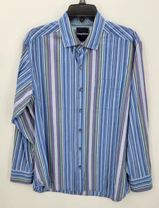 Tommy Bahama Hemd Herren mittelblau bunt gestreift Baumwolle Knopfleiste Preppy - Bild 1 von 10