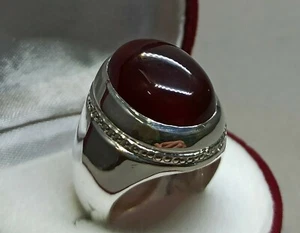 Natural Yemeni Deep Red Aqeeq Sterling Silver 925 Handmade Red Agate Mens Ring - Picture 1 of 12