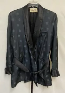 Vintage Strawbridge Clothier Large Black Blue Satin Smoking Jacket Belted Lounge - Picture 1 of 13