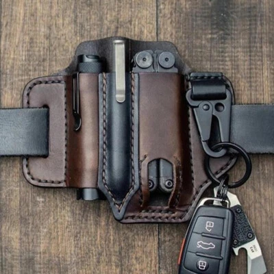 Men Multitool Leather Sheath EDC Pocket Organizer Storage Belt Waist Bag Gift TD