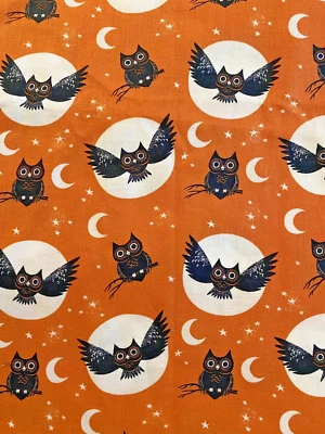 Halloween Naranja Tela Algodón Búhos Negros Blanco Media Luna y Estrellas 32”x 74” Foto 1 de 2