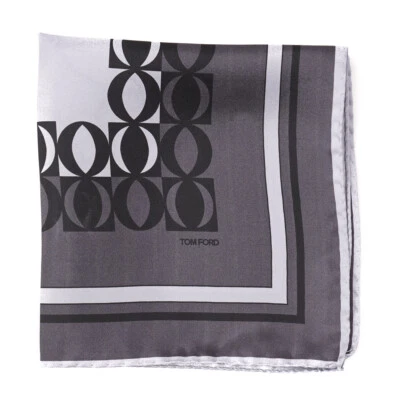 New $190 TOM FORD Dark Gray and Silver Contrast Print Silk Pocket Square - Image 1 of 4