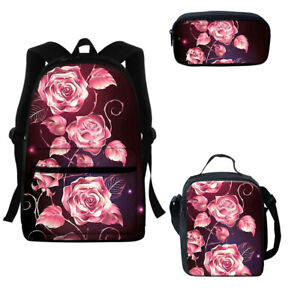 3pcs Rose Print Backpack Fashion Student School Bag Computer Bag with Zipper