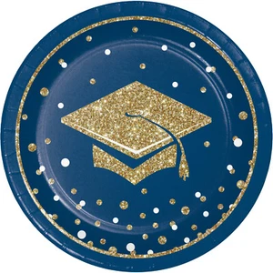 Graduation Party Paper Plates 18cm Buffet Disposable Blue Gold Mortar Board x 8 - Picture 1 of 1