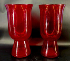 Pair of MCM Handmade Ruby Red Depression Glass Vases 60s Vintage s-3K