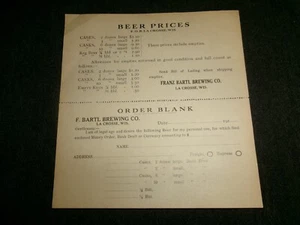 SELTEN Frank Bartl Brewing Co, LaCrosse Wisconsin Pre Pro Koffer & Flasche Bestellformular - Bild 1 von 1