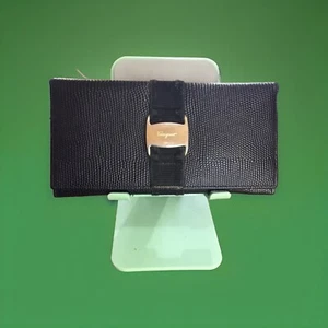 Salvatore Ferragamo Vara Black Pebbled Leather Long Bifold Wallet Very Good Used - Picture 1 of 23