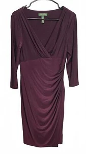 Lauren Ralph Lauren Women's Ruched V Neck Plum Dress - Size 8 - Picture 1 of 7
