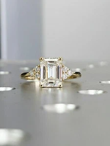 3 Ct White Emerald Cut Moissanite Engagement Ring 14K Solid Yellow Gold - Picture 1 of 11