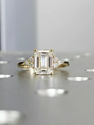 3 Ct White Emerald Cut Moissanite Engagement Ring 14K Solid Yellow Gold - Image 1 of 4