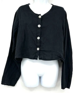FLAX Button Up Boxy Linen Blouse Cropped Minimalist Lagenlook Size Small - Picture 1 of 9