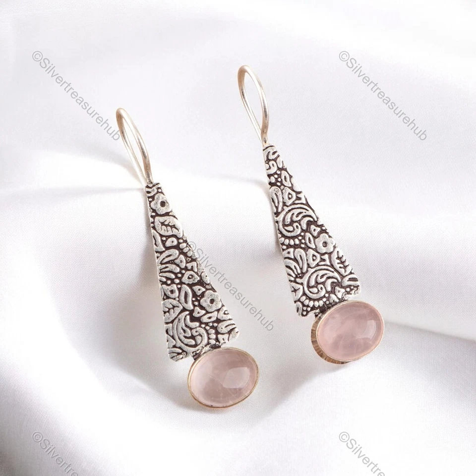 Pendientes colgantes de plata de ley ovalados de piedra de cuarzo rosa chakra corazón piedra madre Foto 1 de 4