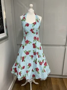 Hell Bunny Vixen Dress Size XL Blue Floral Halter Retro Fit Flare - Picture 1 of 8