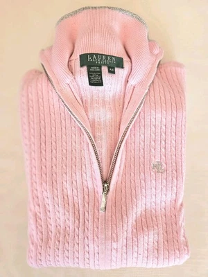 Ralph Lauren Petal Pink Zip Cardigan, Cable Knit, Silver Trim, 3/4 Sleeve Sz PS - Image 1 of 4