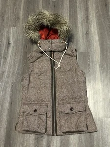 VTG EDDIE BAUER Yukon Wool Tweed Brown Goose Down Hooded Puffer Vest L Faux Fur - Picture 1 of 11