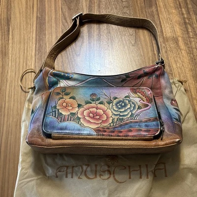 Anuschka Twin Top East West Organizer Hand painted Rose Leather Shoulder Bag - Image 1 of 4