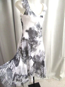 KOMAROV White Black Floral Illusion Dress Cascading Ruffle Small - Picture 1 of 6