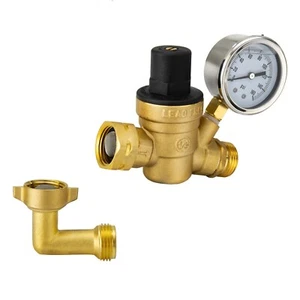 RecPro RV Brass Water Pressure Regulator with 90 Degree Elbow Fitting Hose Saver - Picture 1 of 10