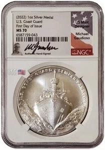 2022-S 1 Oz Silver US COAST GUARD NGC MS70 FDOI Michael Gaudioso Signature Medal - Picture 1 of 7
