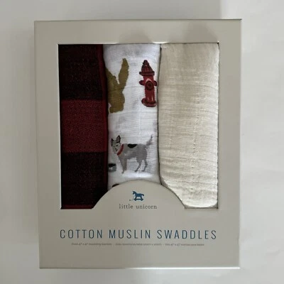 NUEVO Little Unicorn 3 Mantas de Muselina de Algodón Rojo a Cuadros y Beige Dálmata Foto 1 de 4