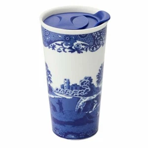 Spode Blue Italian 12 oz Travel Mug, Porcelain Topped w/ Silicone Lid Anti Spill