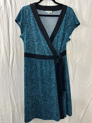Vestido Dana Buchman azul y negro imitación envolvente manga gorra mujer talla XL lazo cintura midi Foto 1 de 4