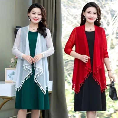 Women Sheer Mesh Cardigan Tassel Shawl Jacket Mid-length Cape Sun Protection - Image 1 of 4