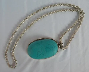 HUGE STERLING SILVER PRESSED OVAL TURQUOISE PENDANT NECKLACE 110 GRAMS VINTAGE - Picture 1 of 7