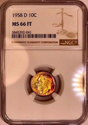 1958-D Roosevelt Silver Dime NGC 66 FT Beautiful Pink Blue Gold Rainbow Toned - Image 1 of 4