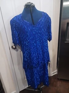 Laurence Kazar Vintage Blue Sequin Beaded Plus Size Cocktail Dress Size 2X - Picture 1 of 12