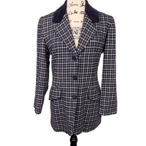 Vtg Navy Plaid Jacket Velvet Collar Buttons 10P Equestrian English Countryside - Picture 1 of 13