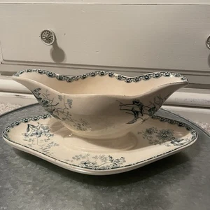 Large Antique Boulanger Roscoff French Teal Ironstone Transferware Sauce dish - Picture 1 of 8